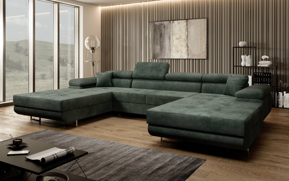 Luxuriöses Designer U-Sofa Calvera mit Schlaffunktion und Stauraum in Cordstoff