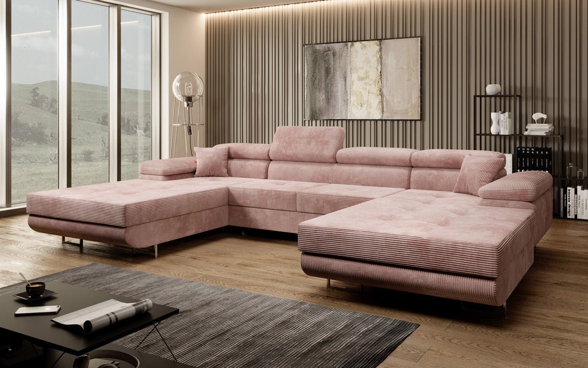 Luxuriöses Designer U-Sofa Calvera mit Schlaffunktion und Stauraum in Cordstoff