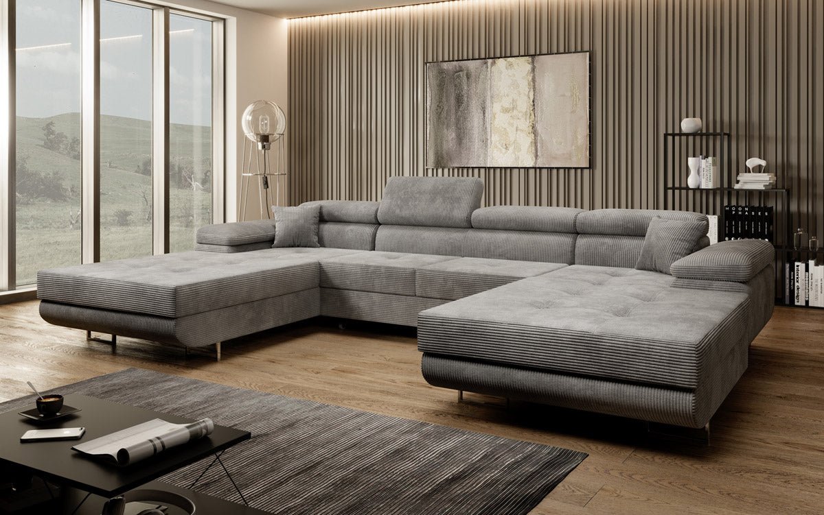Luxuriöses Designer U-Sofa Calvera mit Schlaffunktion und Stauraum in Cordstoff