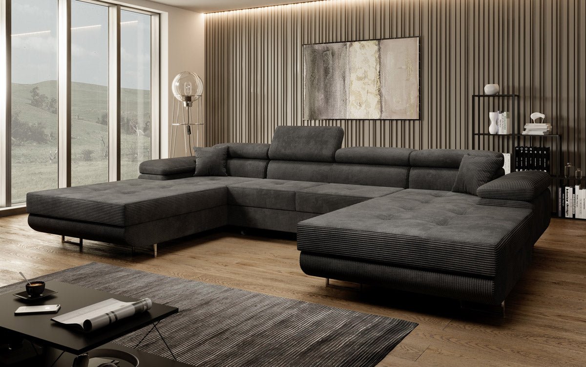Luxuriöses Designer U-Sofa Calvera mit Schlaffunktion und Stauraum in Cordstoff