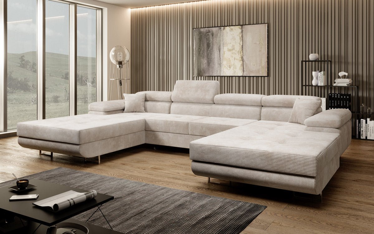 Luxuriöses Designer U-Sofa Calvera mit Schlaffunktion und Stauraum in Cordstoff