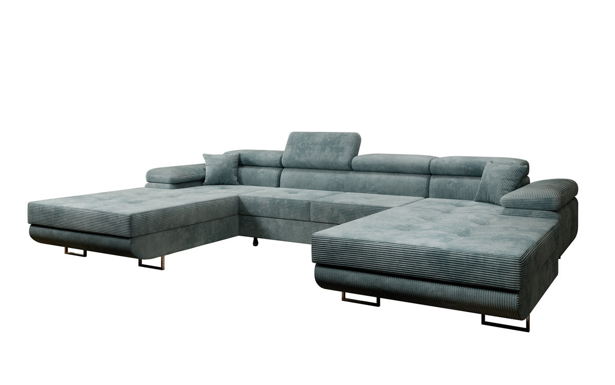 Luxuriöses Designer U-Sofa Calvera mit Schlaffunktion und Stauraum in Cordstoff