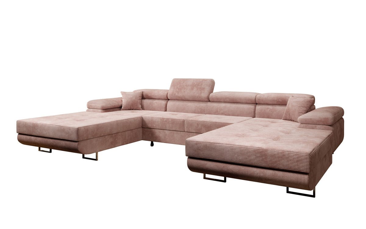 Luxuriöses Designer U-Sofa Calvera mit Schlaffunktion und Stauraum in Cordstoff
