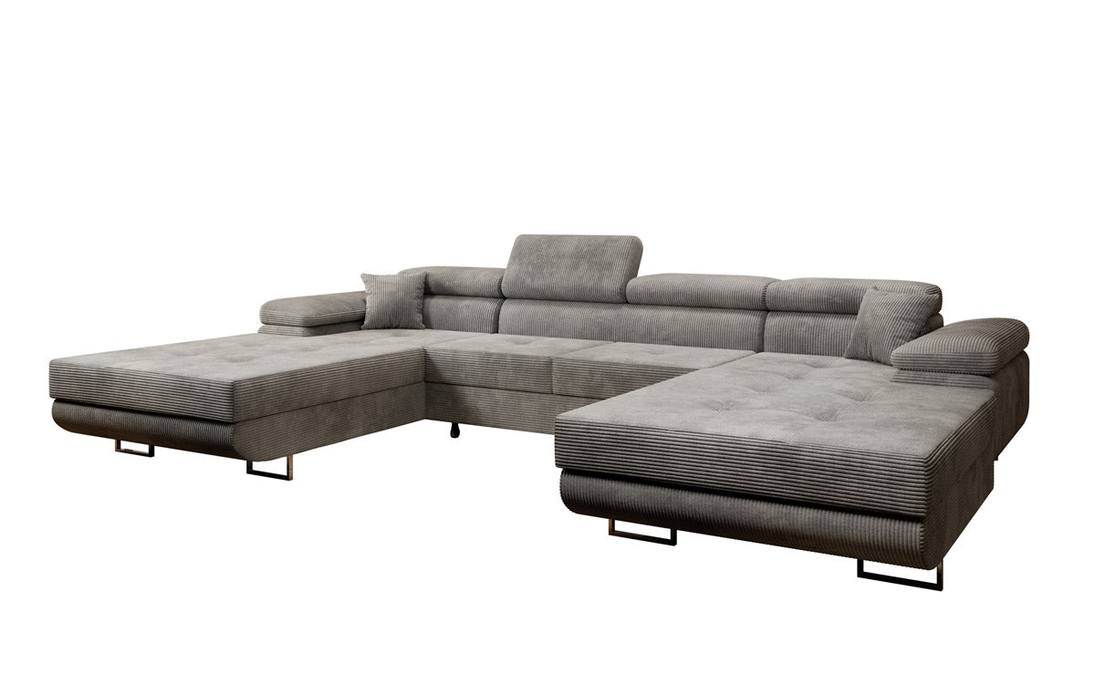 Luxuriöses Designer U-Sofa Calvera mit Schlaffunktion und Stauraum in Cordstoff