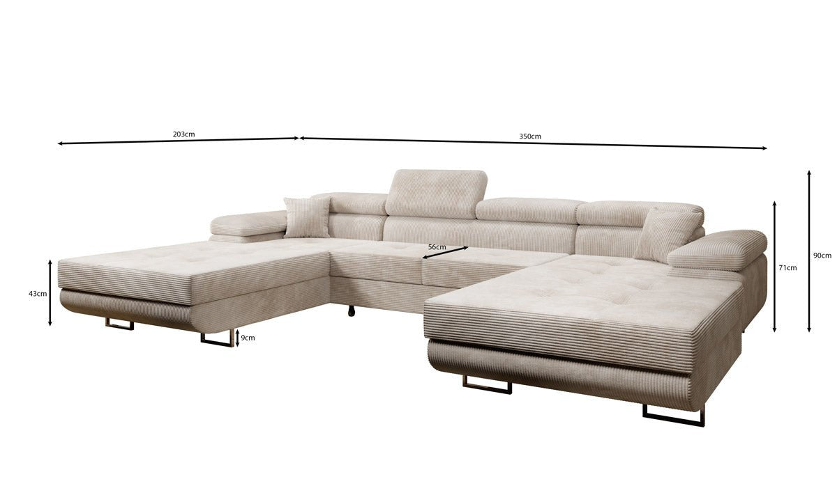 Luxuriöses Designer U-Sofa Calvera mit Schlaffunktion und Stauraum in Cordstoff