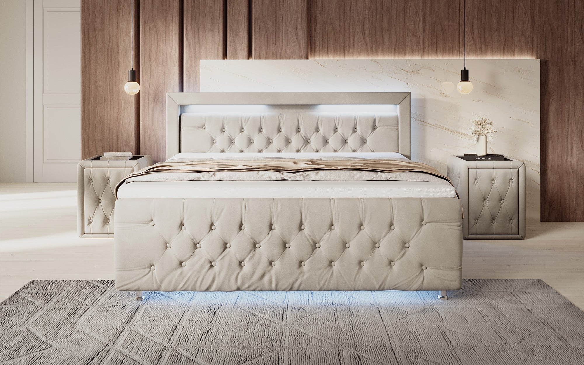 Luxuriöses Boxspringbett Lorena: LED Beleuchtung, Stauraum, Samtbezug für erholsamen Schlaf