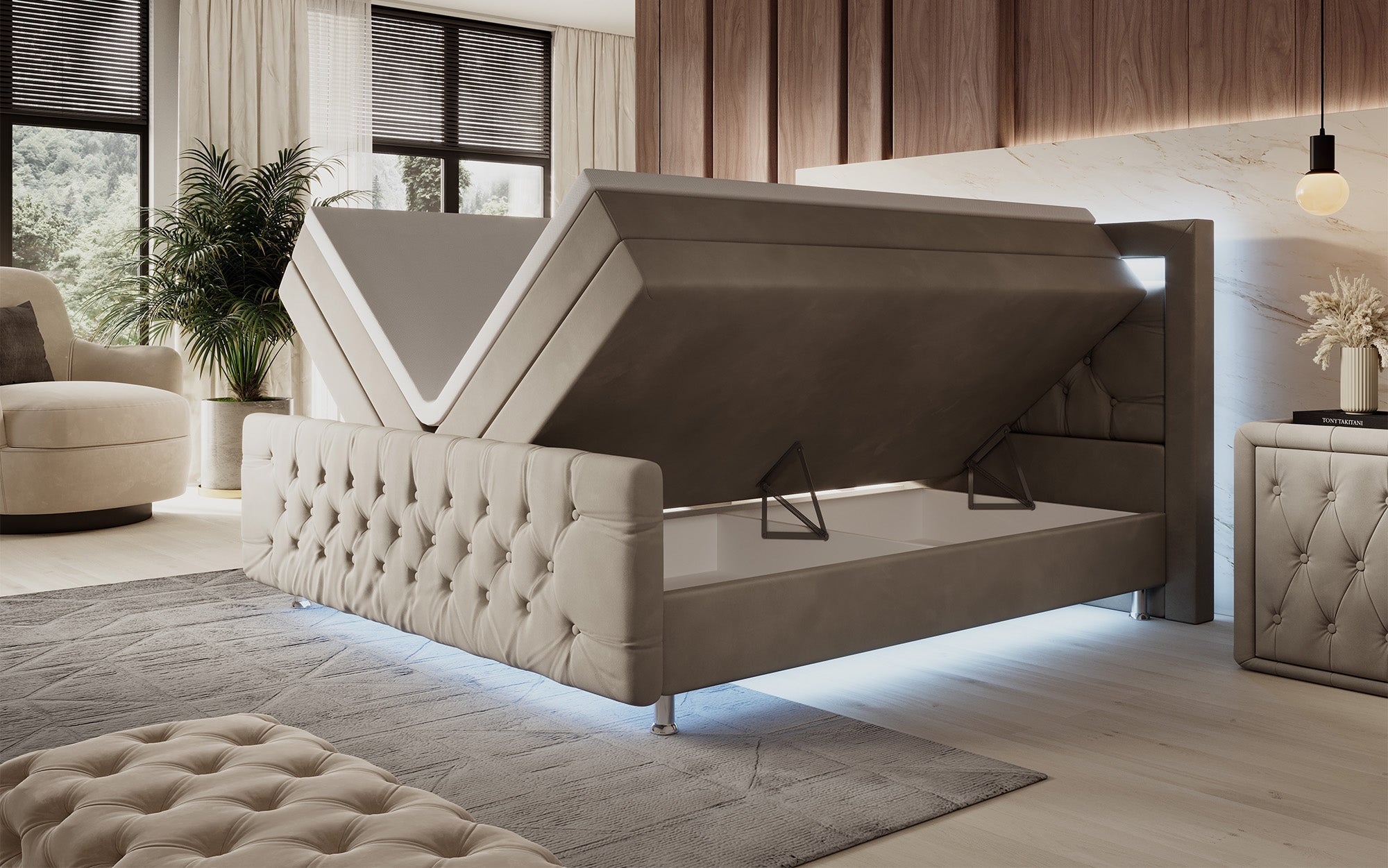 Luxuriöses Boxspringbett Lorena: LED Beleuchtung, Stauraum, Samtbezug für erholsamen Schlaf