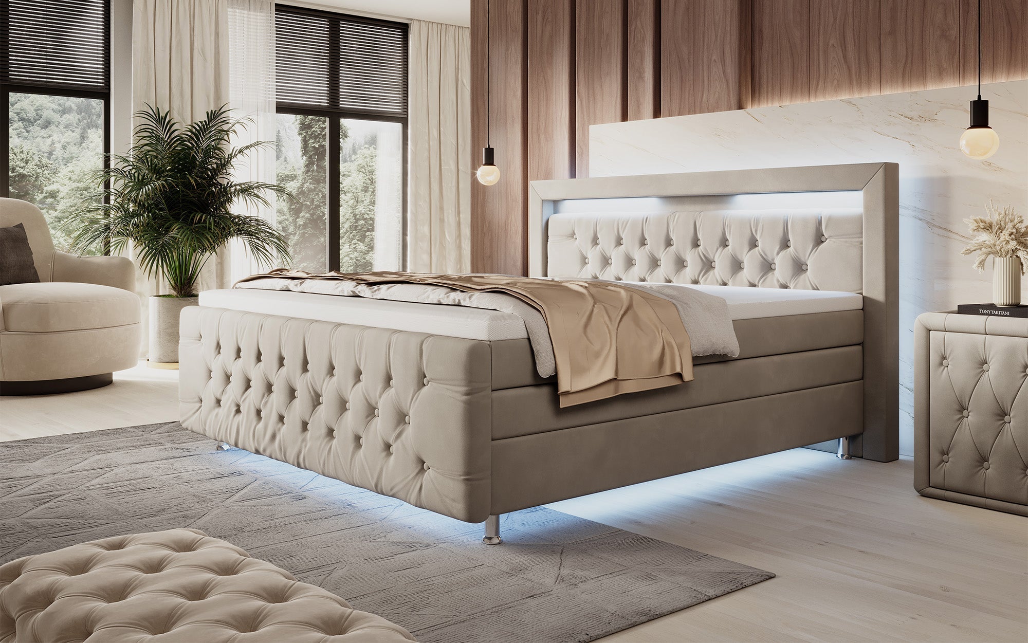 Luxuriöses Boxspringbett Lorena: LED Beleuchtung, Stauraum, Samtbezug für erholsamen Schlaf