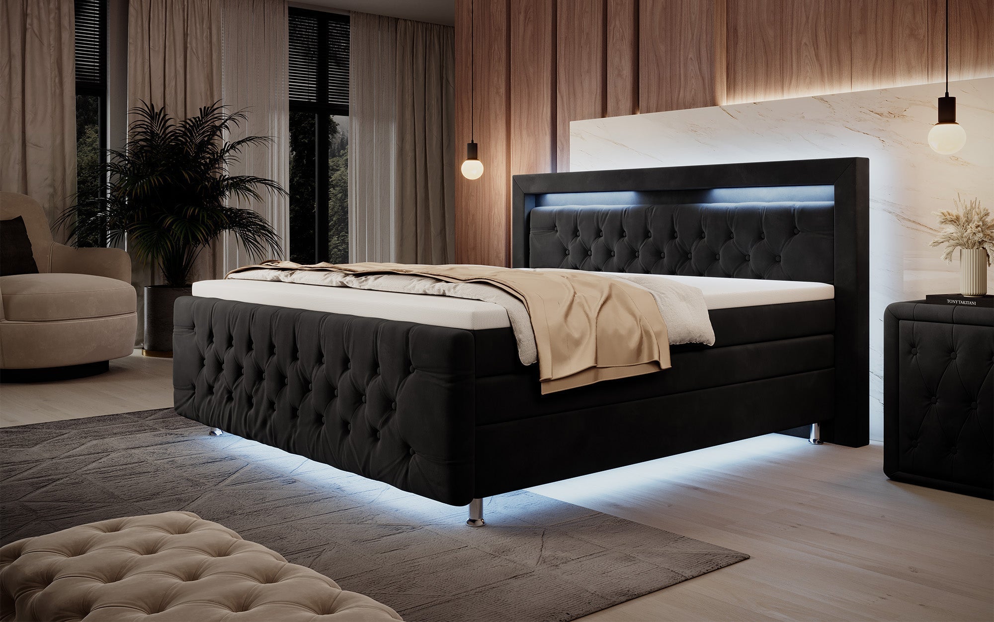Luxuriöses Boxspringbett Lorena: LED Beleuchtung, Stauraum, Samtbezug für erholsamen Schlaf