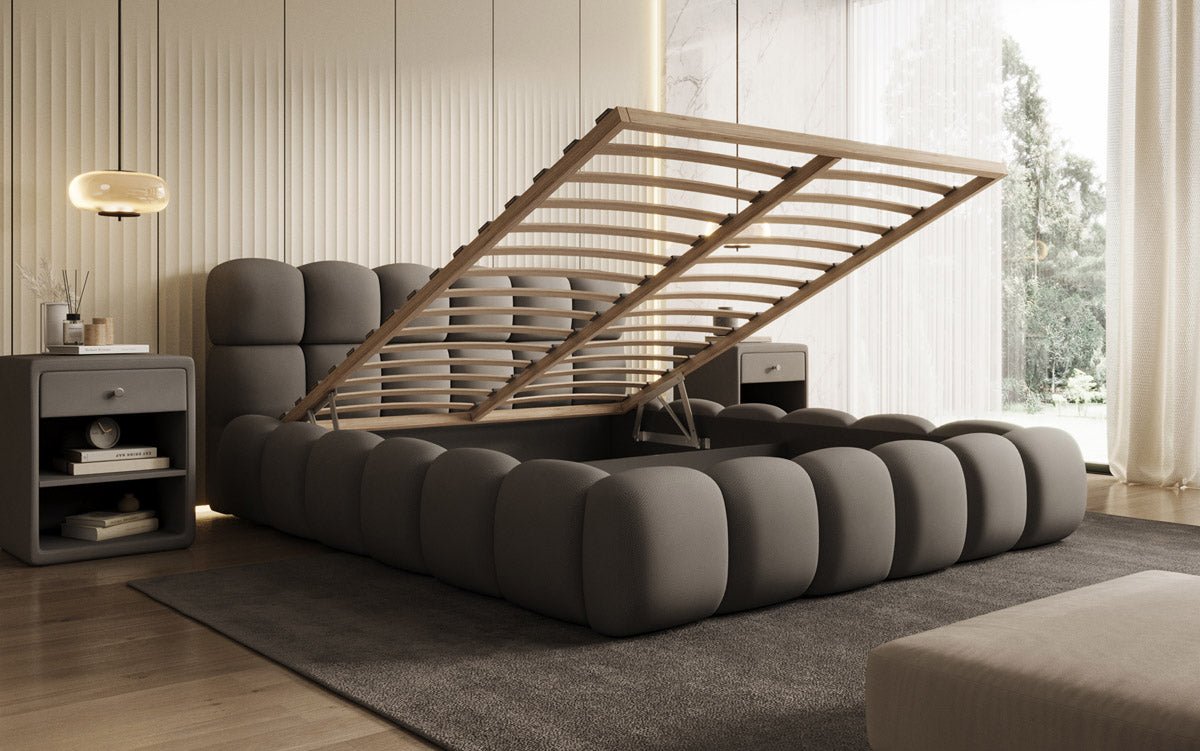 Designer Polsterbett Boston Stoff - Luxuriöses Komfortbett mit Großem Stauraum