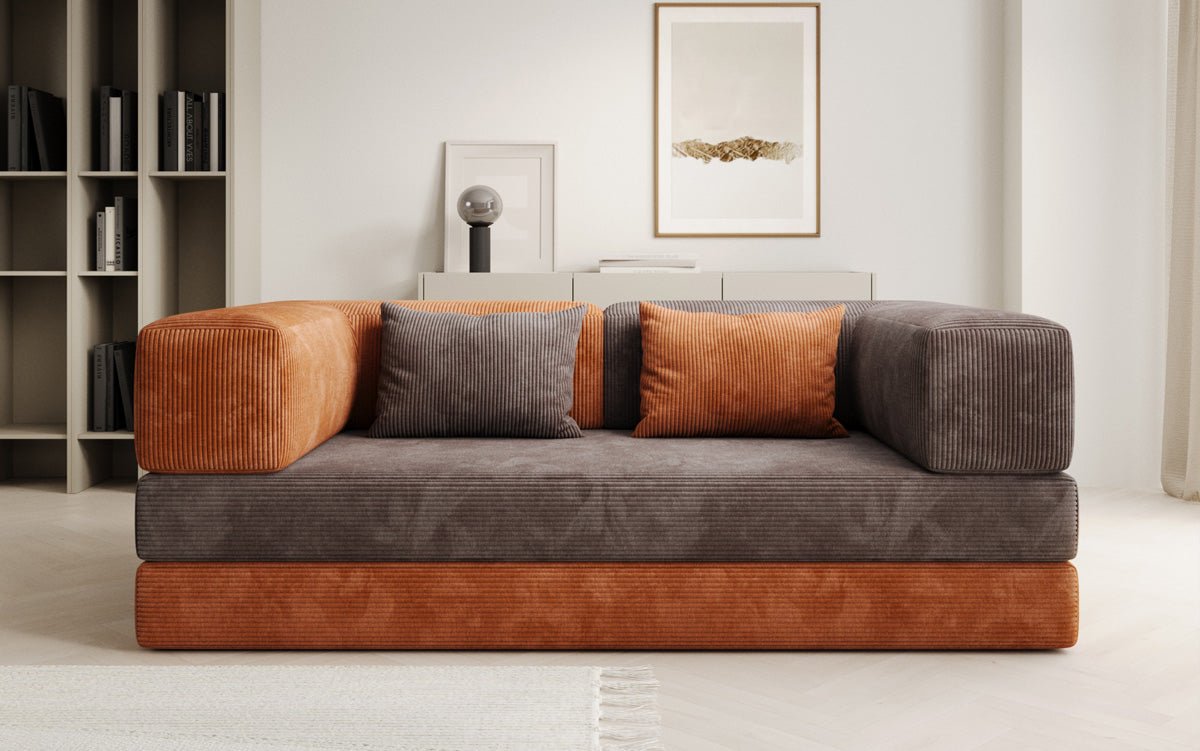 Komfortables 3-Sitzer Schlafsofa aus Rost-Cord mit Stauraumfunktion