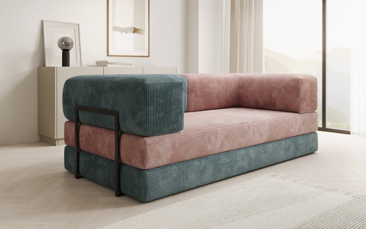 Luxuriöses 3-Sitzer Schlafsofa: Bequemes Cord-Design mit Stauraum in Bubblegum