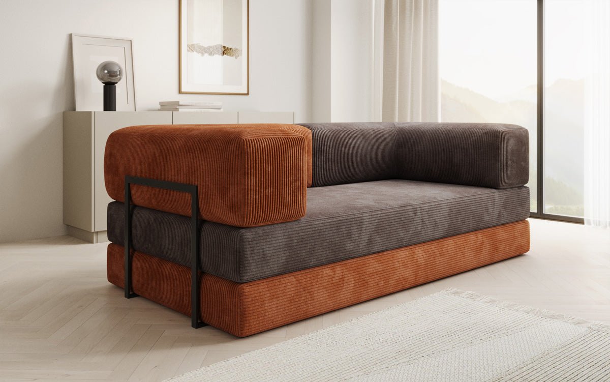 Komfortables 3-Sitzer Schlafsofa aus Rost-Cord mit Stauraumfunktion