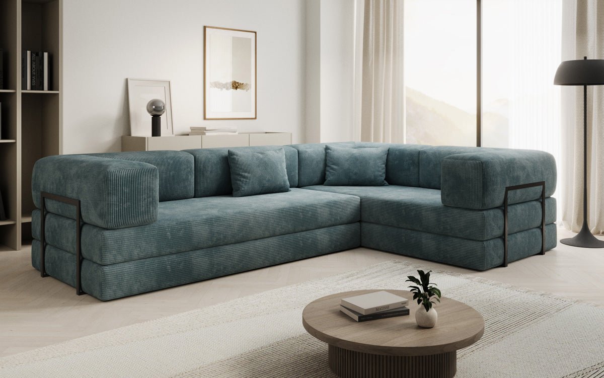 Modernes Designer L-Sofa: Komfortables Cord-Ecksofa mit Schlaffunktion und Stauraum
