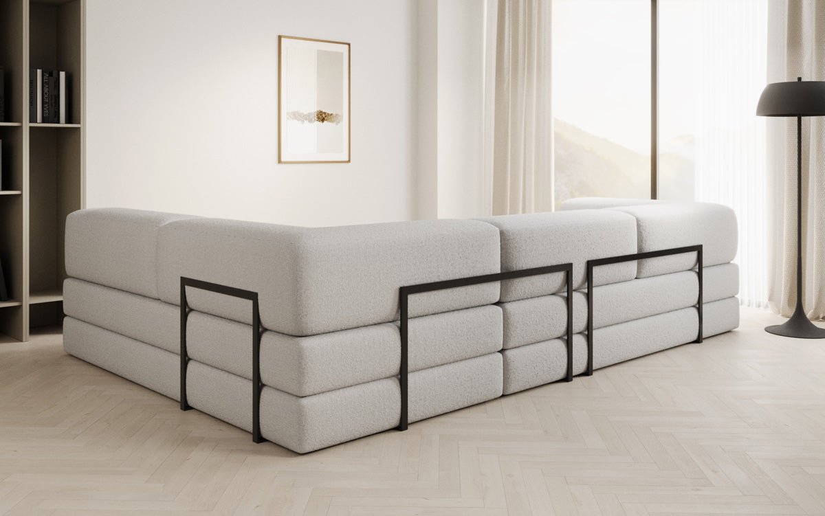 Luxuriöses L-förmiges Bouclé-Sofa mit Schlaffunktion und Stauraum