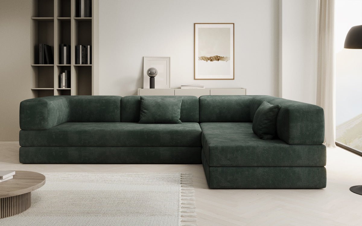 Luxuriöses Designer L-Sofa Lazy aus Cordstoff mit Schlaffunktion und Stauraum
