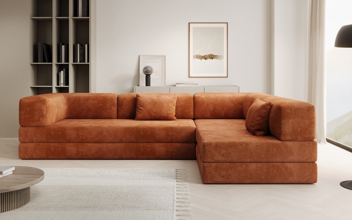 Luxuriöses Design Ecksofa Lazy L: Cordstoff, Schlaffunktion, Stauraum
