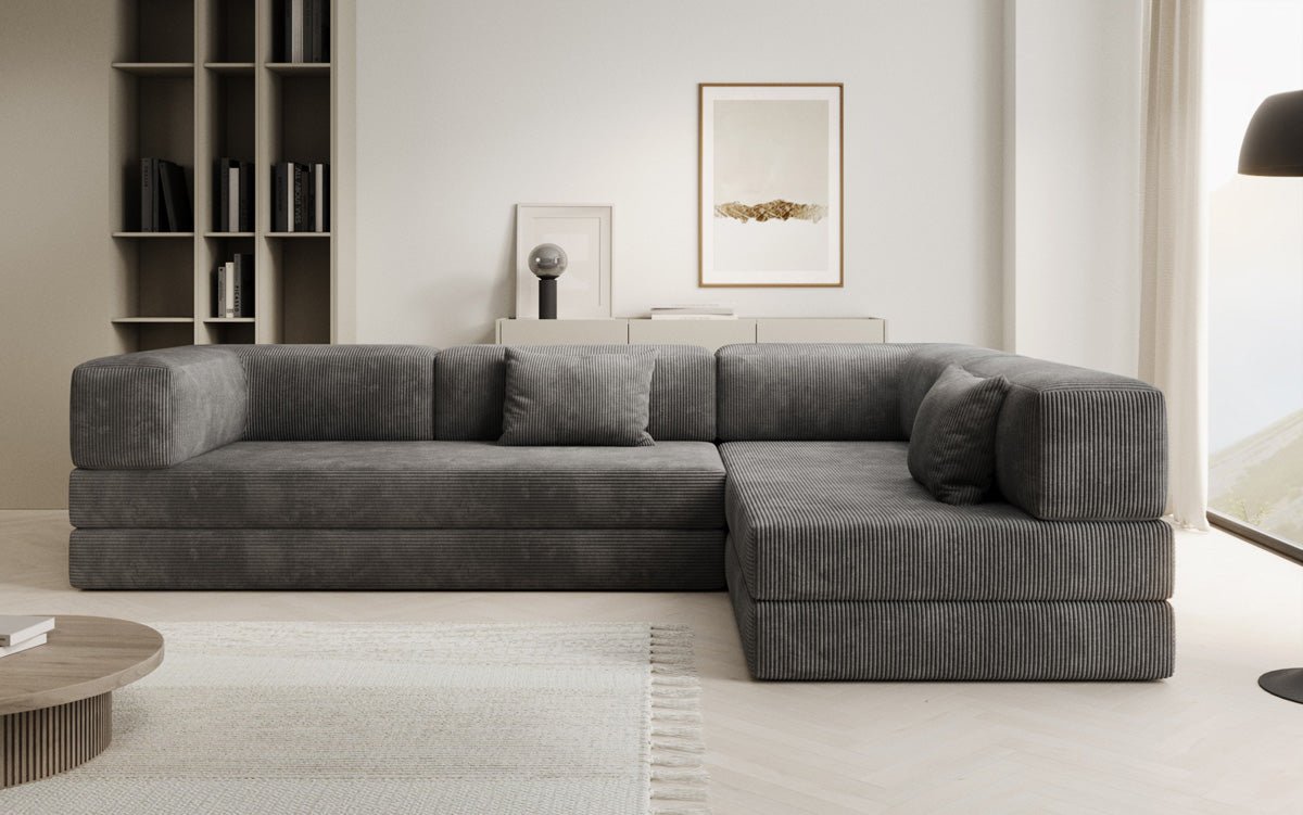 Luxuriöses Designer L-Sofa Lazy aus Cordstoff mit Schlaffunktion und Stauraum