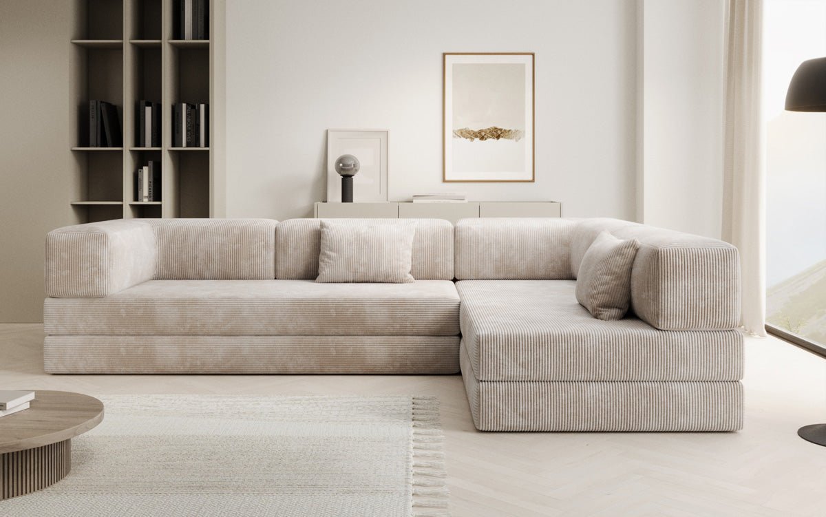 Luxuriöses Designer L-Sofa Lazy aus Cordstoff mit Schlaffunktion und Stauraum