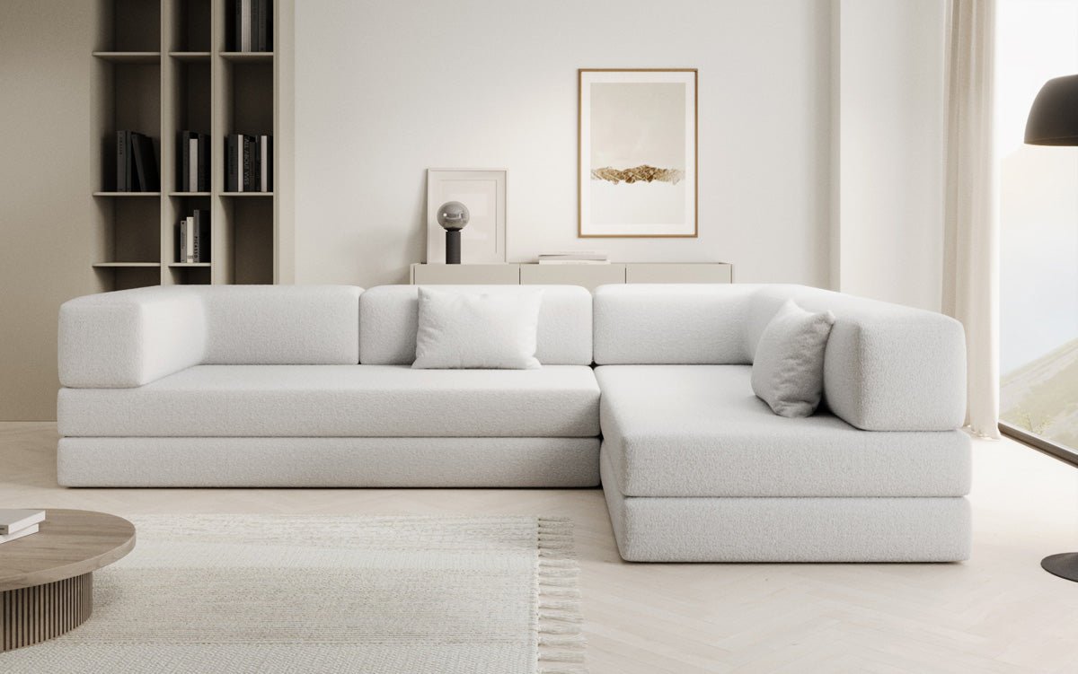 Luxuriöses L-förmiges Bouclé-Sofa mit Schlaffunktion und Stauraum