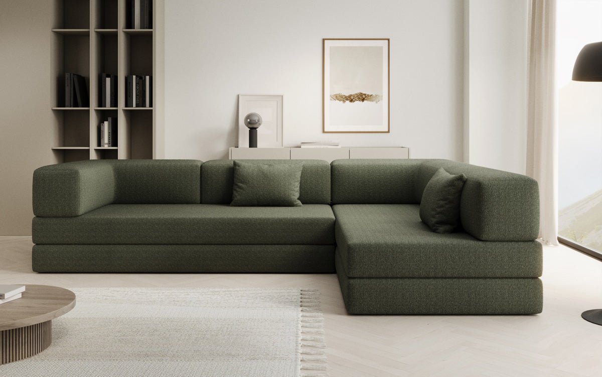 Luxuriöses L-förmiges Bouclé-Sofa mit Schlaffunktion und Stauraum