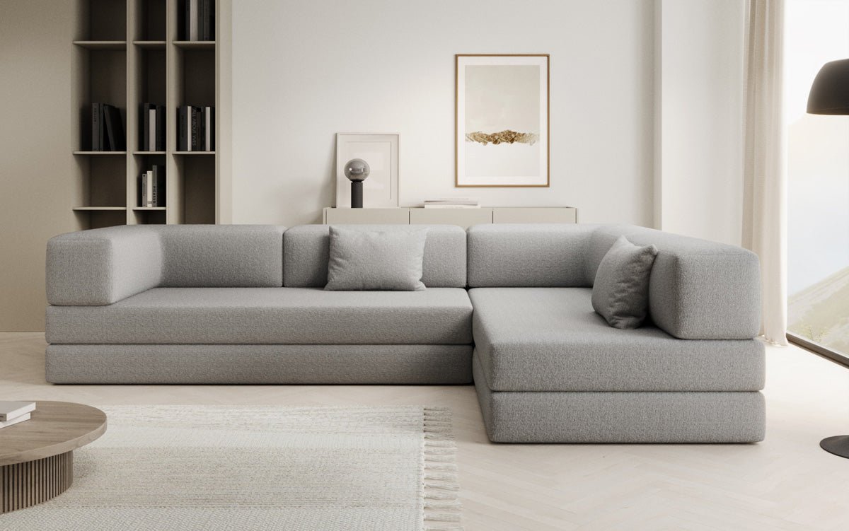 Luxuriöses L-förmiges Bouclé-Sofa mit Schlaffunktion und Stauraum