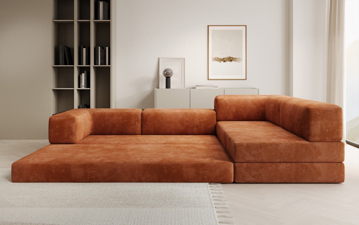 Luxuriöses Design Ecksofa Lazy L: Cordstoff, Schlaffunktion, Stauraum