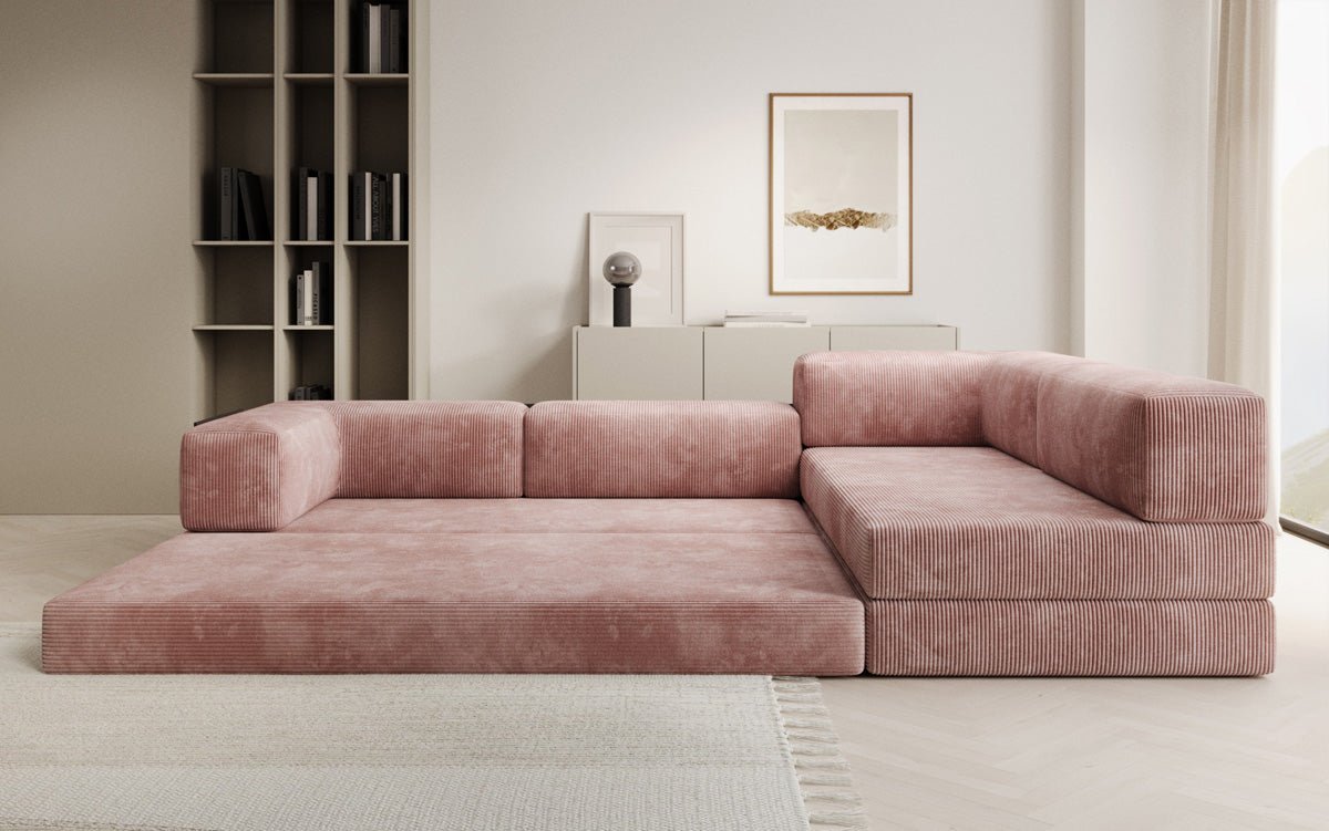 Luxuriöses Designer L-Sofa Lazy aus Cordstoff mit Schlaffunktion und Stauraum
