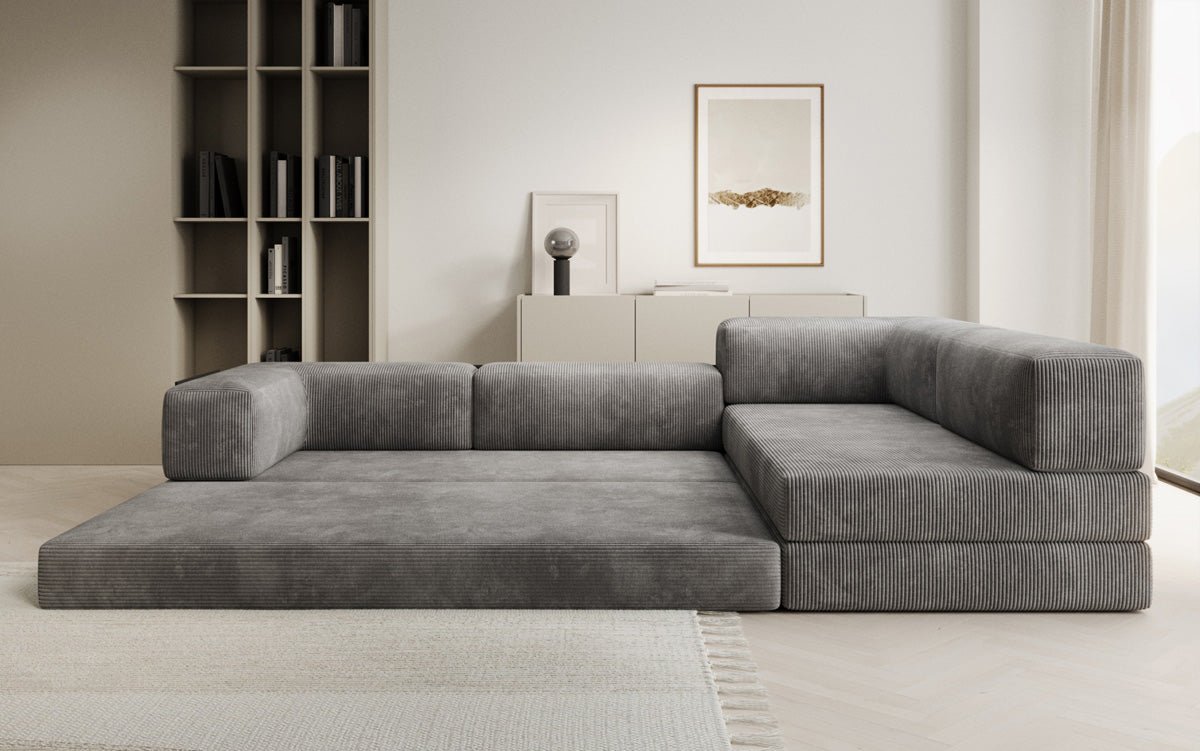 Luxuriöses Designer L-Sofa Lazy aus Cordstoff mit Schlaffunktion und Stauraum