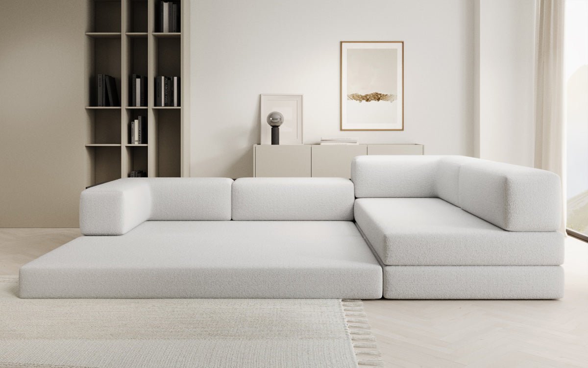 Luxuriöses L-förmiges Bouclé-Sofa mit Schlaffunktion und Stauraum