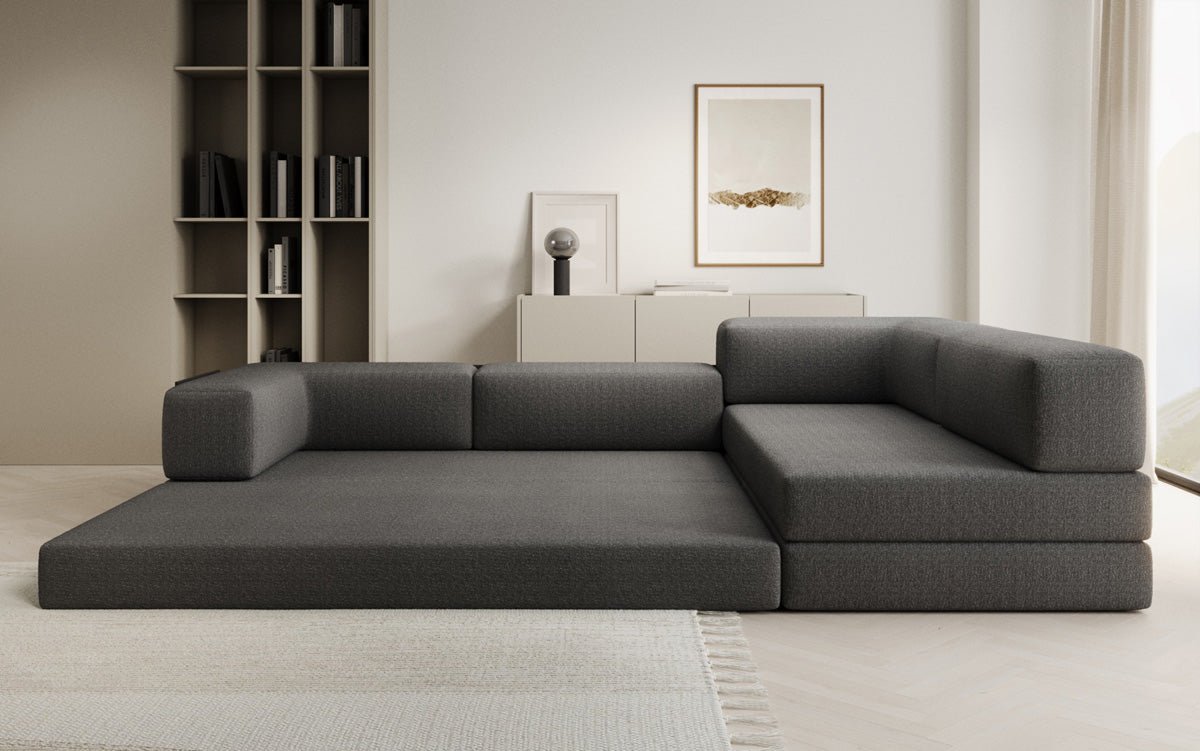 Luxuriöses L-förmiges Bouclé-Sofa mit Schlaffunktion und Stauraum