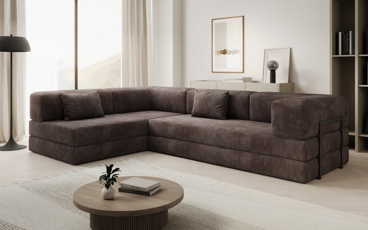 Luxuriöses Designer L-Sofa Lazy aus Cordstoff mit Schlaffunktion und Stauraum