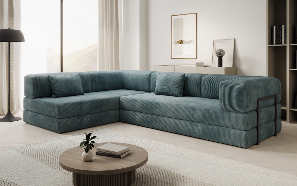 Luxuriöses Designer L-Sofa Lazy aus Cordstoff mit Schlaffunktion und Stauraum