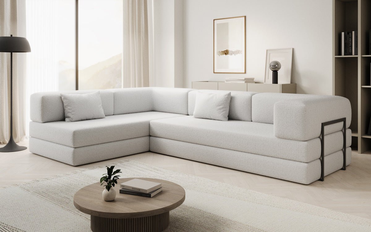 Luxuriöses L-förmiges Bouclé-Sofa mit Schlaffunktion und Stauraum