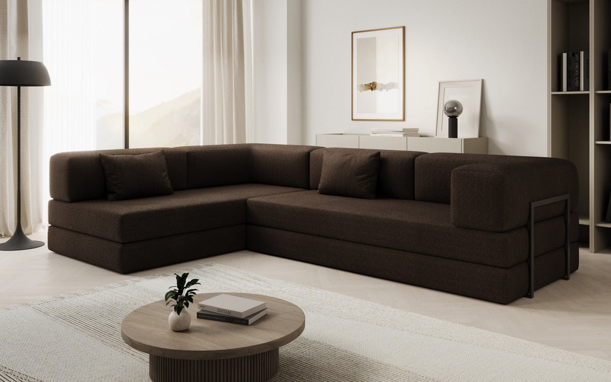 Luxuriöses L-förmiges Bouclé-Sofa mit Schlaffunktion und Stauraum