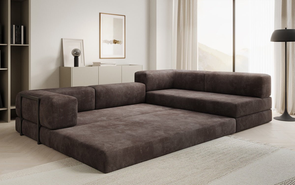 Luxuriöses Designer L-Sofa Lazy aus Cordstoff mit Schlaffunktion und Stauraum