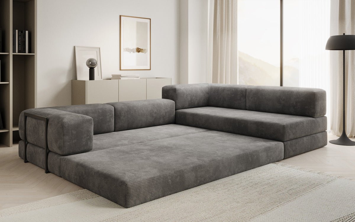 Luxuriöses Designer L-Sofa Lazy aus Cordstoff mit Schlaffunktion und Stauraum