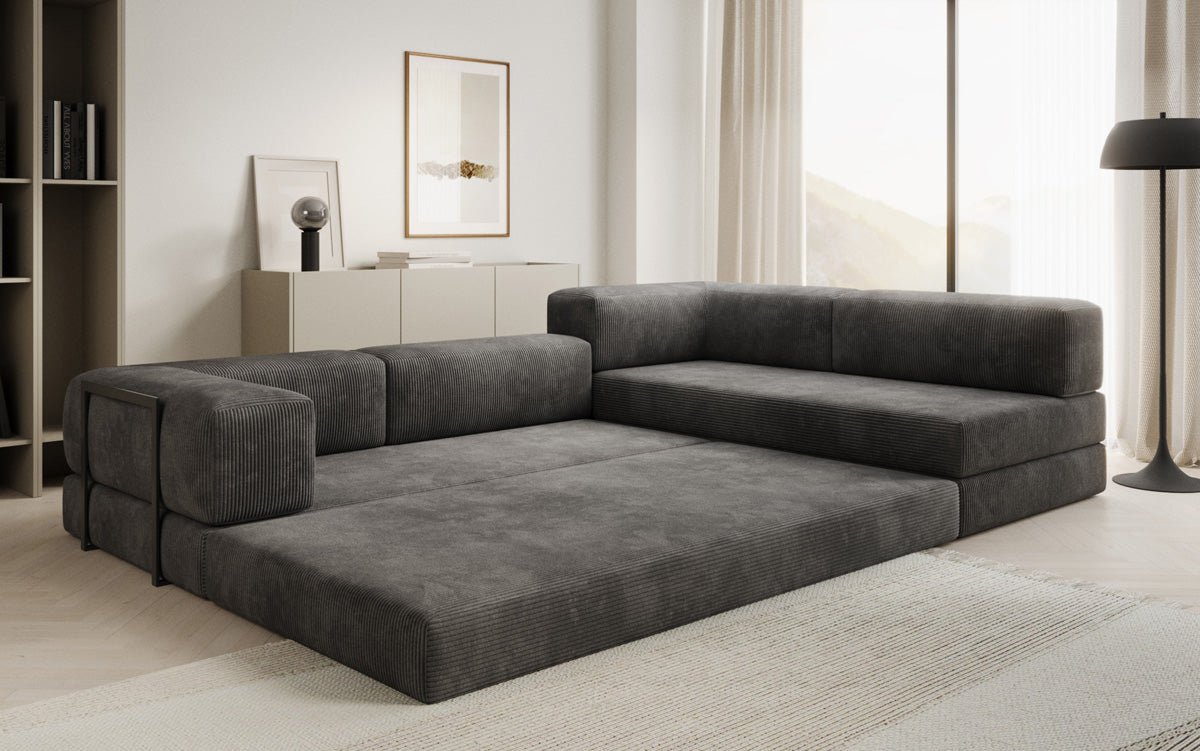 Luxuriöses Designer L-Sofa Lazy aus Cordstoff mit Schlaffunktion und Stauraum