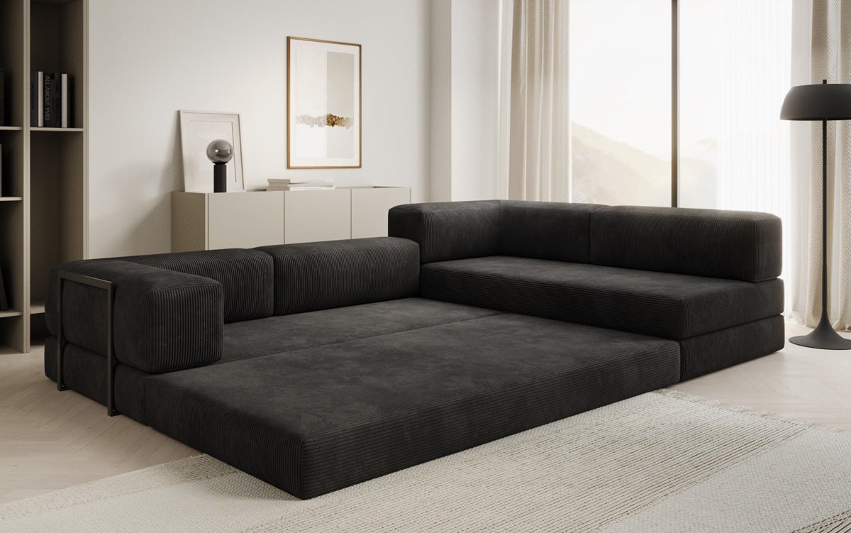 Luxuriöses Designer L-Sofa Lazy aus Cordstoff mit Schlaffunktion und Stauraum