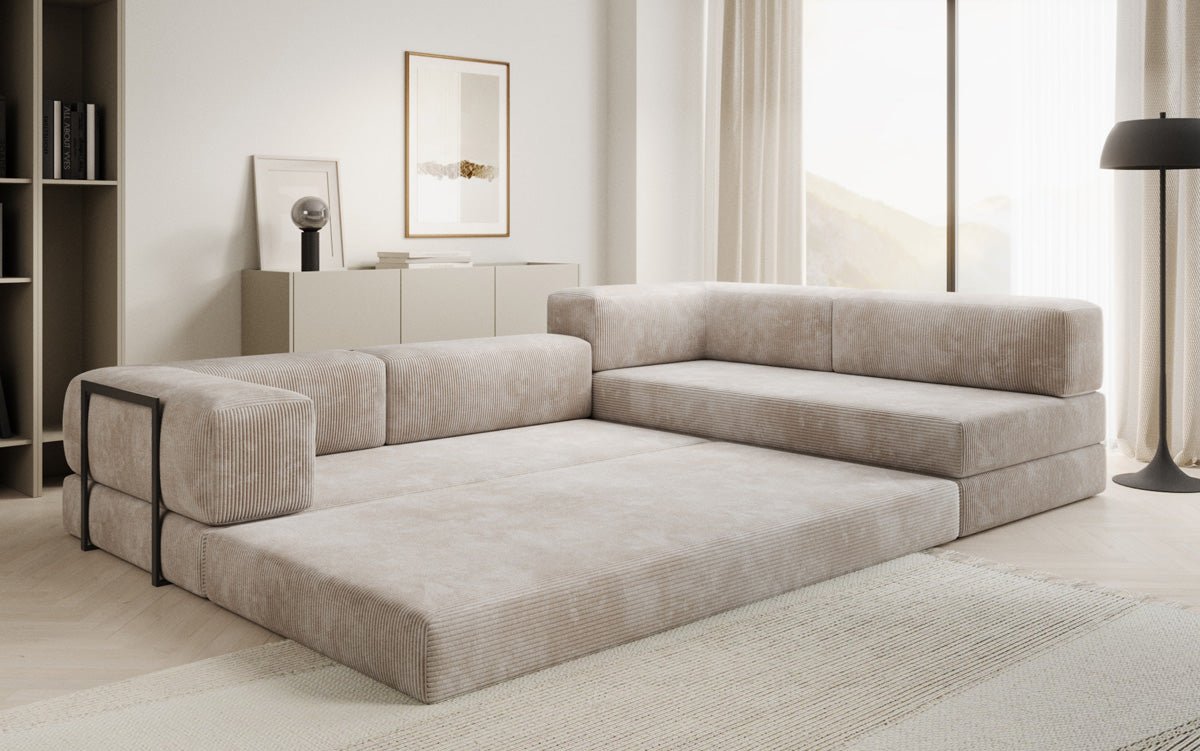 Luxuriöses Design Ecksofa Lazy L: Cordstoff, Schlaffunktion, Stauraum