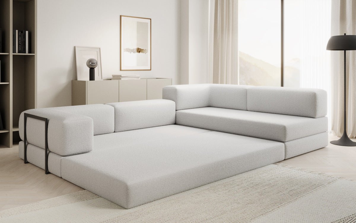 Designer Lazy L Ecksofa Bouclé Bezug mit Schlaffunktion und Praktischem Stauraum