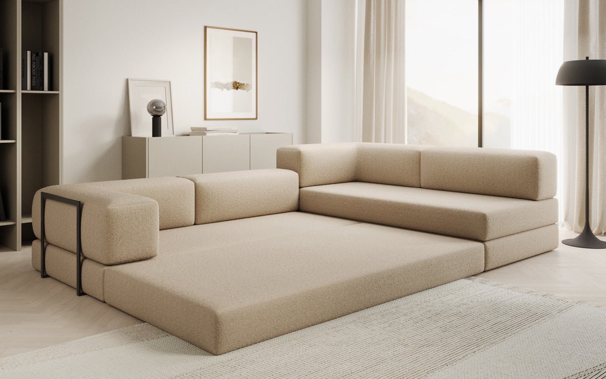 Designer Lazy L Ecksofa Bouclé Bezug mit Schlaffunktion und Praktischem Stauraum