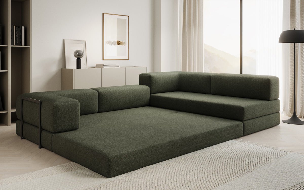 Designer Lazy L Ecksofa Bouclé Bezug mit Schlaffunktion und Praktischem Stauraum