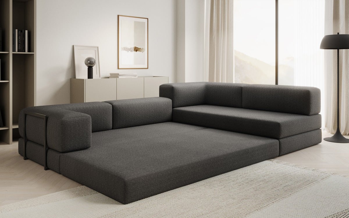 Luxuriöses L-förmiges Bouclé-Sofa mit Schlaffunktion und Stauraum