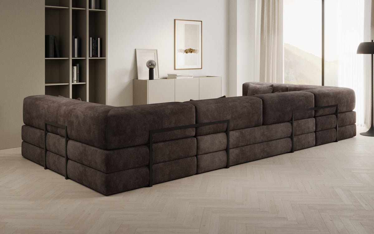 Gemütliches U-Form Cord Designersofa mit Schlaffunktion und praktischem Stauraum
