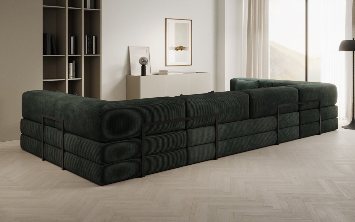 Gemütliches U-Form Cord Designersofa mit Schlaffunktion und praktischem Stauraum