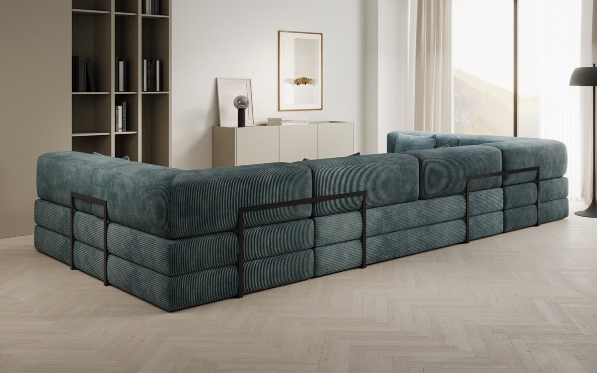 Gemütliches U-Form Cord Designersofa mit Schlaffunktion und praktischem Stauraum