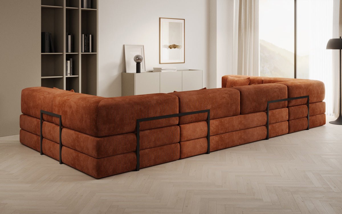 Gemütliches U-Form Cord Designersofa mit Schlaffunktion und praktischem Stauraum