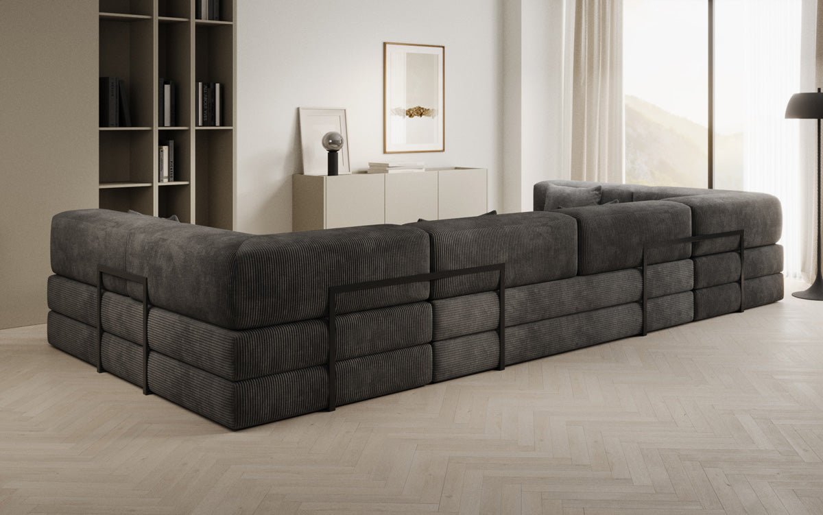 Gemütliches U-Form Cord Designersofa mit Schlaffunktion und praktischem Stauraum