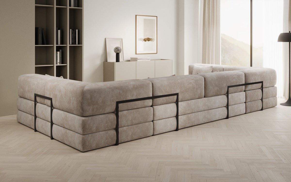 Gemütliches U-Form Cord Designersofa mit Schlaffunktion und praktischem Stauraum